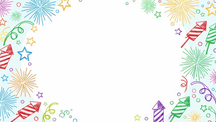 Colorful doodle fireworks, stars, and streamers forming a festive border on a light blue background.