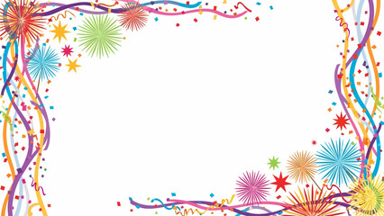 Colorful festive border with confetti, stars, and fireworks on a white background, perfect for celebrations and parties.