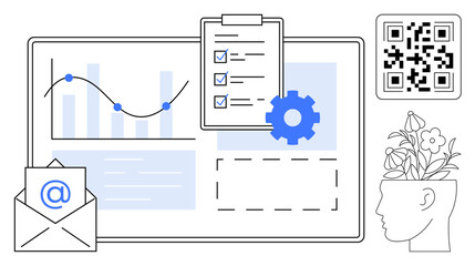 Data chart with trendline, clipboard checklist, gear, envelope with email icon, QR code, and head with flowers. Ideal for innovation, teamwork, digital tools analytics organization creativity © robu_s