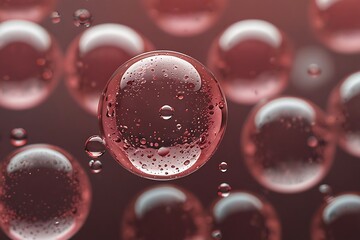Abstract pattern of transparent water drops and soap bubbles reflecting light like glass beads on a vibrant red background with round liquid spheres
