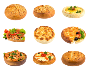 Assortment of Baked Breads and Savory Dishes Isolated on Transparent Background with Various Textures and Ingredients