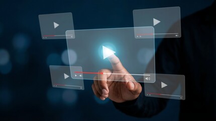 A person interacts with a digital interface displaying multiple translucent video play buttons illustrating modern media consumption and interactive technology