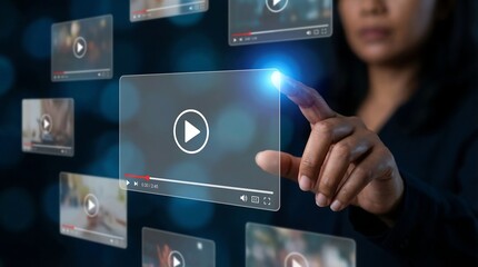 a woman interacting with floating transparent video screens displaying various content illuminated by a bright digital glow and futuristic interface