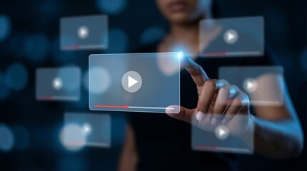 A woman interacts with a futuristic holographic interface displaying multiple video play buttons signifying digital content and innovative technology high quality