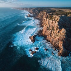 Golden Hour Aerial: Majestic Ocean Cliffs and Crashing Waves