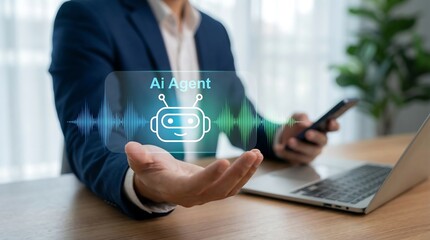 A professional businessperson presents a holographic ai agent interface displaying a robotic icon and audio waves demonstrating innovative technology solutions