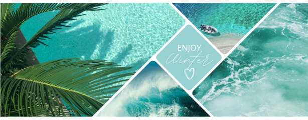 Tropical Ocean Collage With Palm Leaves and Enjoy Life Text