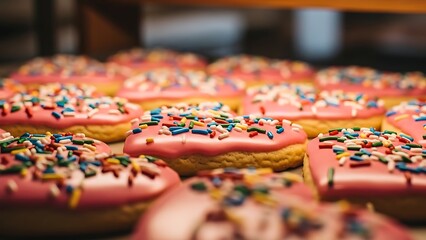 Colorful pink frosted donuts with vibrant sprinkles on display