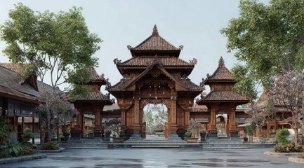 Obraz premium Ornate wooden architectural structure with trees and sky outdoors