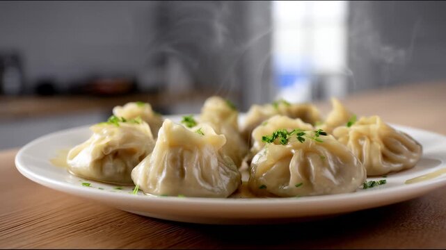 Hot manti on a white plate sprinkled with fresh herbs are steaming actively on a wooden table against a blurred background of a bright kitchen