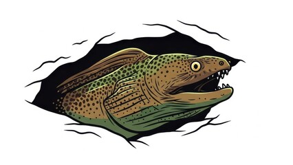 Illustration of a moray eel emerging from a dark crevice.