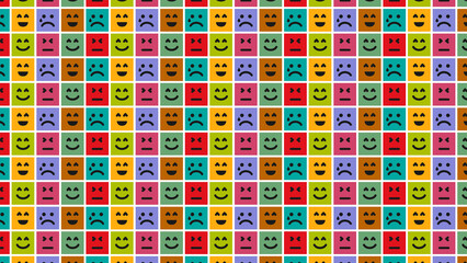 Vibrant emoticon faces in colorful squares pattern background
