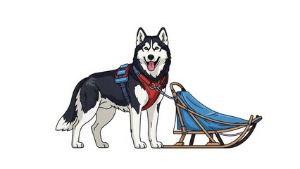 Cartoon husky with sled, ready for adventure.