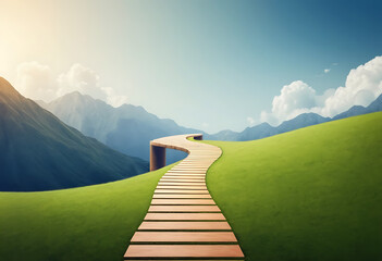 Winding wooden pathway through green hills and mountains winding path blue sky