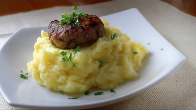 Appetizing meat cutlet lies on a mound of yellow mashed potatoes garnished with fresh herbs on a white plate