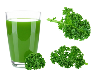 Vibrant Green Kale Juice In A Clear Glass With Kale Leaves Isolated On Transparent Background