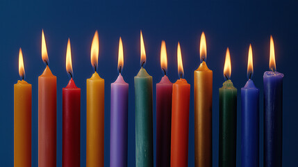 wax. Colorful tapered candles drip wax onto a dark blue surface, glowing softly in warm light. event programs, museum guides, designed for cultural heritage projects and event programs.