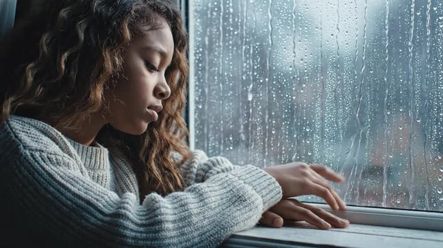 Young woman in a knitted sweater looking out the window at raindrops with a pensive expression on her face