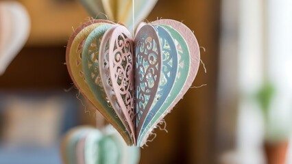Colorful heart shaped paper cutouts hanging in a row