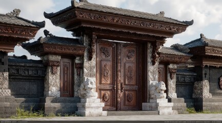 Fototapeta premium Ornate wooden gate and wall structure in architectural design daylight scene