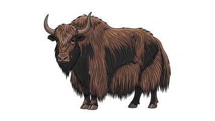 Illustration of a brown yak with long, shaggy fur.
