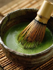 Matcha Tea Preparation: Whisking Green Tea in a Traditional Bowl