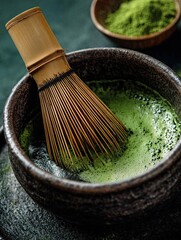 Traditional Matcha Tea Preparation with Bamboo Whisk
