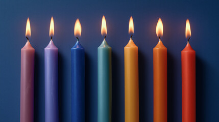 wax. Colorful tapered candles drip wax onto a dark blue surface, glowing softly in warm light. event programs, museum guides, designed for cultural heritage projects and event programs.