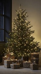 Cozy Christmas Tree with Twinkling Lights and Rustic Gifts
