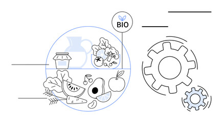 Fototapeta premium Organic food, eco-friendly living, agriculture, sustainability, healthy nutrition, bio innovation. Fresh organic produce inside a circle with gears innovation. Organic food and eco-friendly living