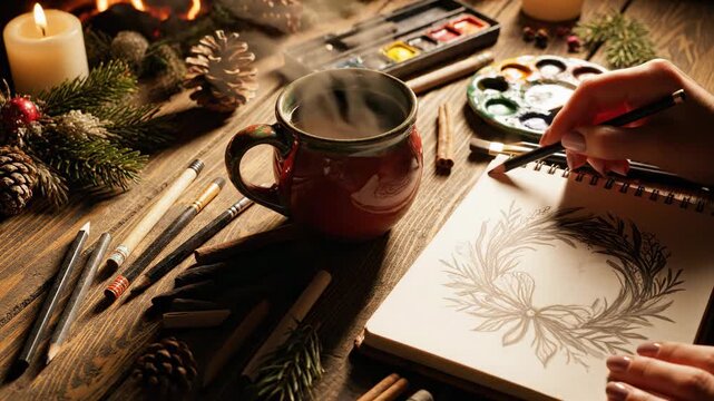 Beautifully lit flat lay overhead shot of drawing materials scattered around a steaming ceramic mug on a rustic wooden table emphasizing cozy holiday creativity overhead, commercial, Beautifully