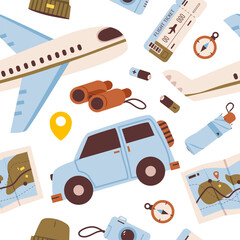 Travel Adventure Pattern with Vehicles and Journey Essentials. Pattern featuring planes, cars, maps, tickets, binoculars, and navigation tools, perfect for adventure, vacation