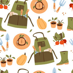 Seamless Gardening Pattern with Tools, Aprons, and Vegetables. Pattern featuring aprons, tools, seedlings, boots, squash, and fresh vegetables, perfect for hobby, farming, and nature designs.
