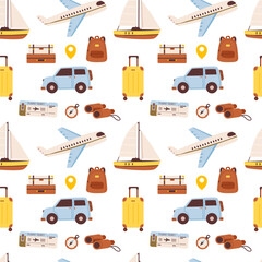 Seamless Travel Pattern with Transport and Adventure Icons. Airplanes, cars, sailboats, luggage, backpacks, tickets, and navigation tools, perfect for vacation and adventure designs.