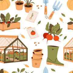 Seamless Gardening Pattern with Greenhouse and Vegetable Elements. Seedlings, tools, pots, seeds, boots, and fresh vegetables in a warm, organic style.
