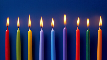 wax. Colorful tapered candles drip wax onto a dark blue surface, glowing softly in warm light. event programs, museum guides, designed for cultural heritage projects and event programs.