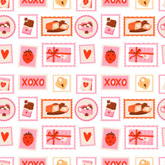 Seamless Valentine Stamp Pattern with Romantic Icons. Repeating Valentine themed pattern featuring cute postage style stamps with hearts, chocolates, strawberries, gifts, and love messages.