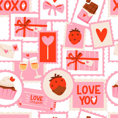 Seamless Valentine Stamp Pattern with Romantic Icons and Gifts. Postage style stamps featuring hearts, chocolates, strawberries, gifts, love messages, and sweet romantic elements.