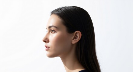 Profile view of an elegant young woman highlighting smooth skin against a white background.