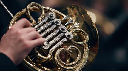 Close-up of Musician Playing Golden French Horn