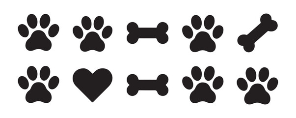 Dog paw steps and bone shapes mixed with simple solid heart icon for animal theme graphics