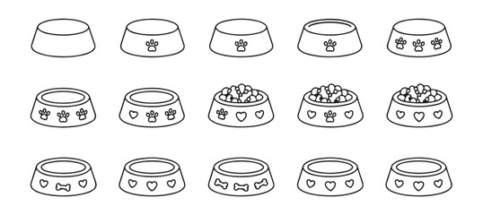 Collection dog food bowls line art simple pet dish icons graphic design elements isolated white