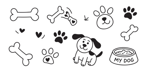 Assortment of charming hand drawn dog related clip art featuring puppy bones paws hearts and bowls