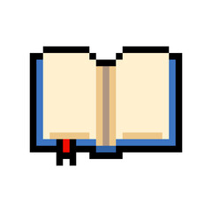 Pixel Art Open Book with Blue Cover and Red Bookmark on Beige Pages