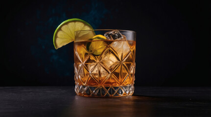 Elegant Orange Cocktail with Ice and Citrus Garnish on Dark Background