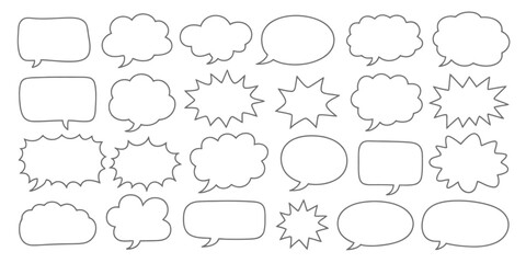 Fototapeta premium Set of Hand Drawn Blank Speech Bubbles and Comic Book Explosion Clouds. Vector Outline Illustration of Dialogue Boxes and Chat Balloons for Communication.
