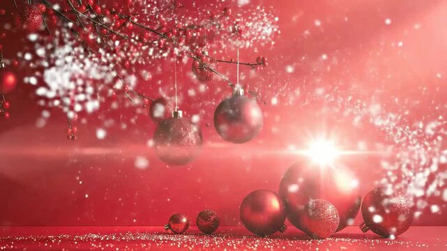 Festive holiday background with red ornaments, berries, and a sparkling effect.