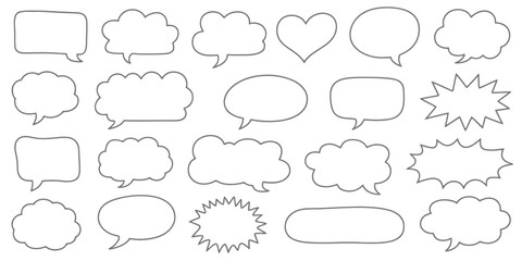 Fototapeta premium Collection of White Speech Bubbles and Thought Balloons in Various Shapes. Simple Line Art Dialogue Boxes with Heart and Explosion Elements.