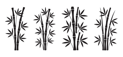 Black bamboo silhouette collection featuring various stalk heights and leaf patterns for vector art © Lover