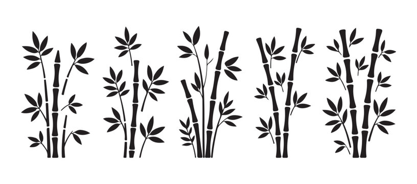 Black bamboo plants with leaves on branches isolated on white background collection of vector design